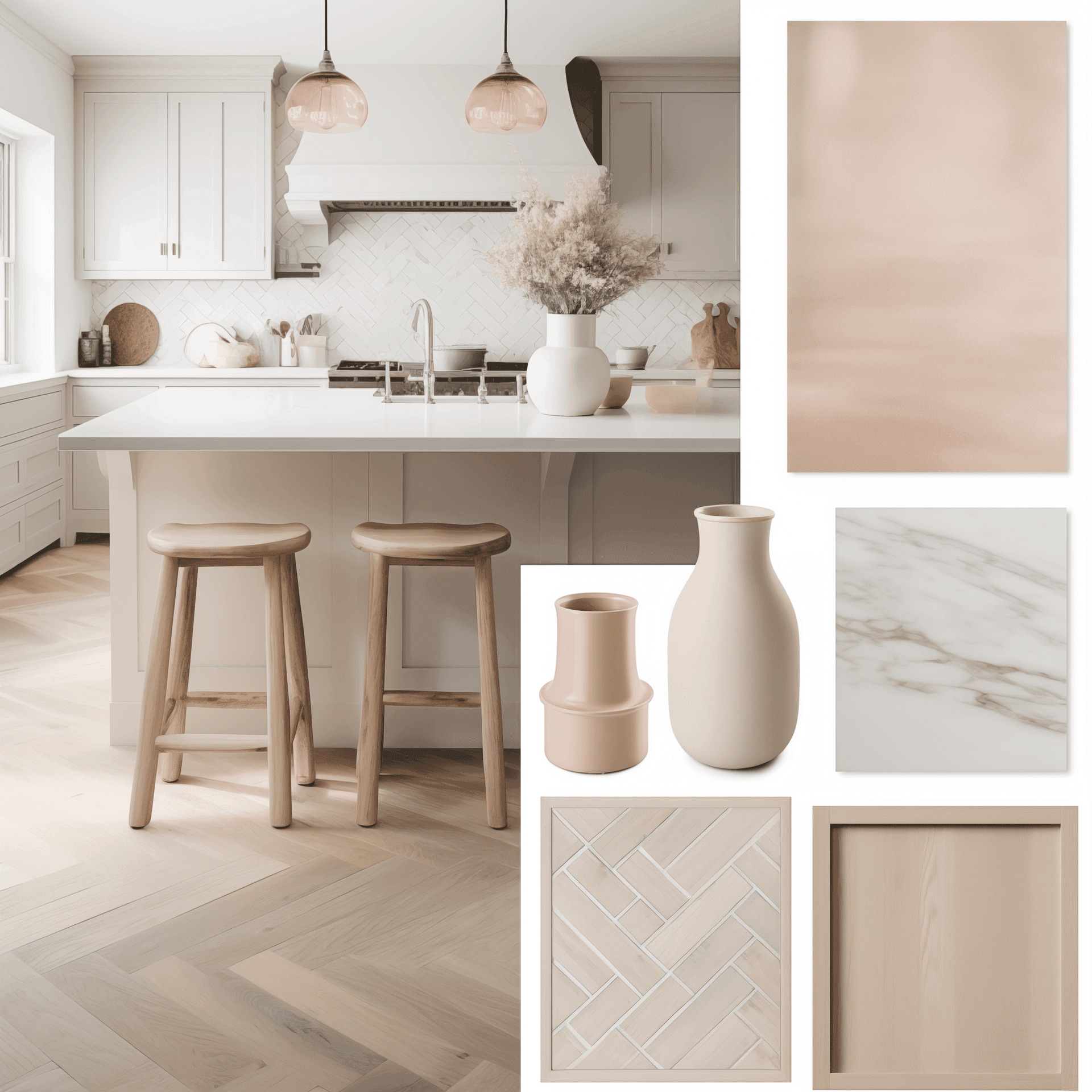 A traditional feminine kitchen with a blush and white oak color palette